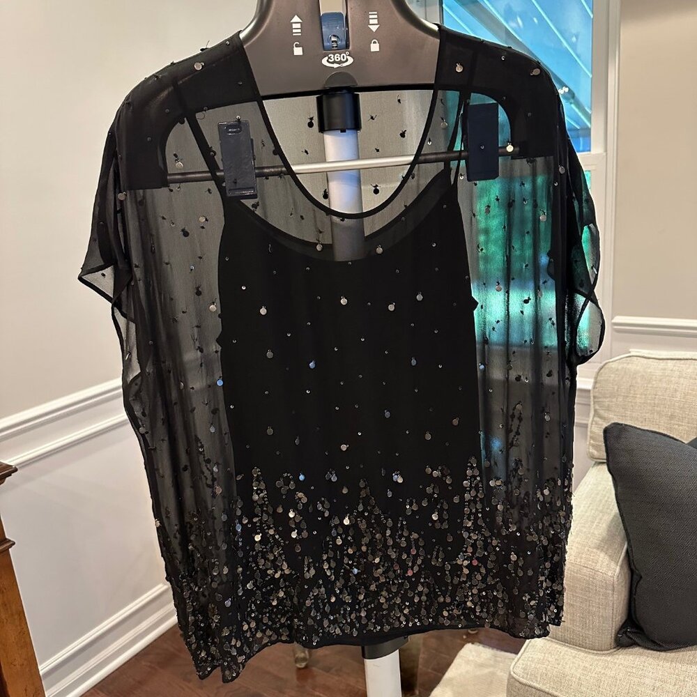 Eileen Fisher, Black Silk Sequin Blouse, Dolman Sleeves